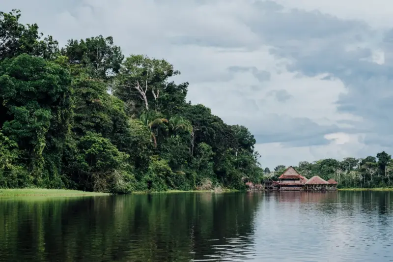 Bosque tropical y casas ribereñas reflejadas en un río amazónico