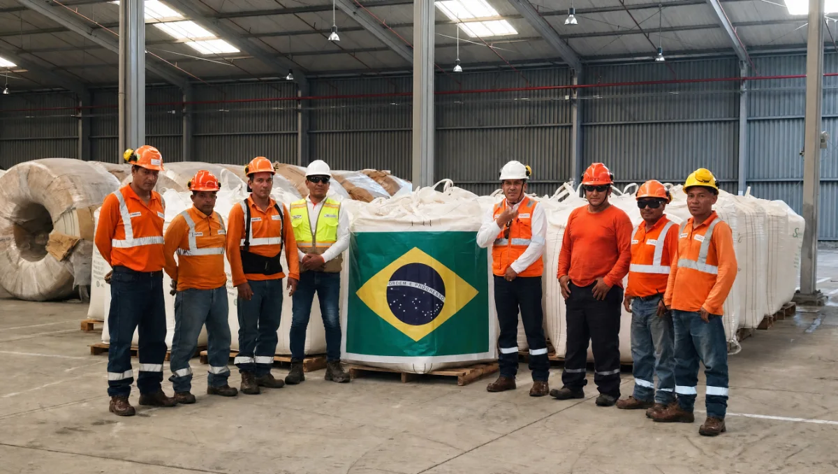 Equipo del terminal junto a la carga del primer piloto internacional con bandera de Brasil