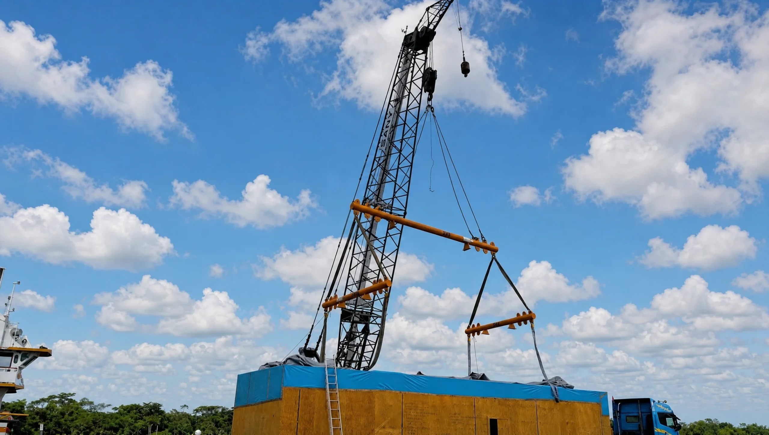 Grúa izando carga de proyecto en el muelle del terminal