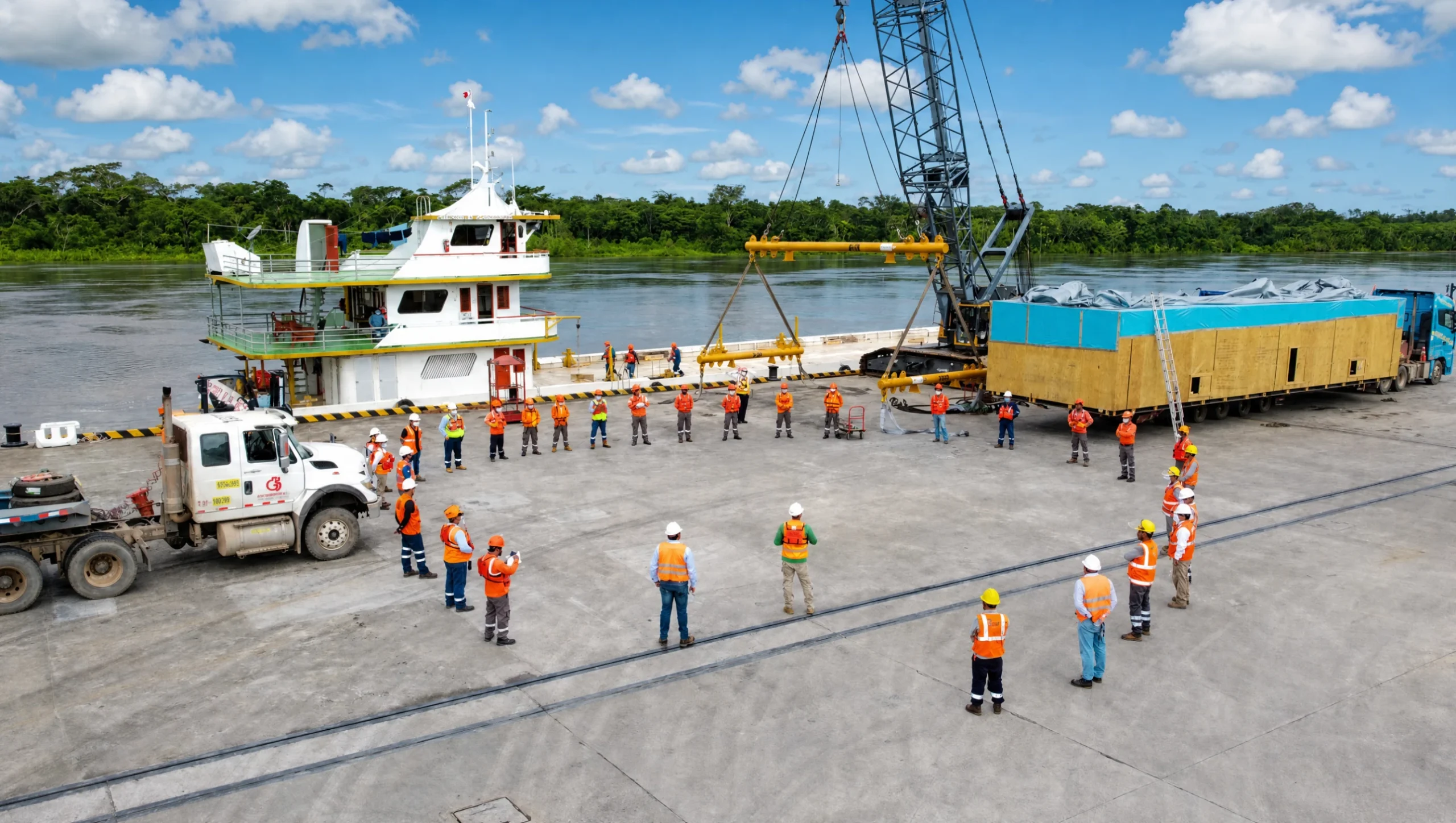Equipo de operaciones reunido en el muelle del terminal junto a una nave y carga de proyecto